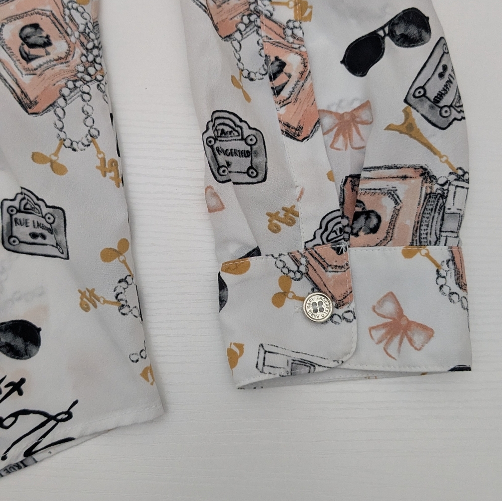 Karl Lagerfeld Paris Whimsical Signature-Printed Blouse Long Roll-Tab Sleeves L - Picture 5 of 12